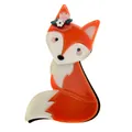 Adorable orange acrylic fox brooch with tiny flower accent on a clear white background - Acrylic Fox Brooches