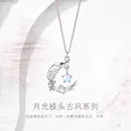 Elegant antique style silver necklace with crescent moon pendant and opal moonstone. - Moonlight Branch Style / Silver