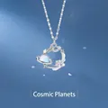 Celestial planet necklace with iridescent faux moonstone in silver finish - Space Planet