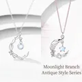 Elegante Halskette im antiken Stil mit Mondzweig-Anhänger und leuchtenden Edelsteinen. - Drei Leben voller Liebe + Mondlicht auf Zweigen / Silber