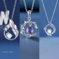 Elegant silver pendant necklaces with moonstone and purple crystals on blue background - Three-Piece Set / Wings of Protection + Rattan Love + Chang'an Dream