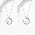 Eleganter antiker Silberhalskette mit Mondstein-Anhänger und lila Emaille-Details - Doppelte Chang'an Traum Halskette Paar / Silber
