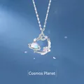 Dainty silver cosmic planet necklace with star charms and shimmering crystal pendant for her - Space Planet