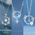Elegante zilverkleurige kettingen met blauwe kristallen hangers, cadeau voor de beste vriendinnen - Eenvoudige Verpakking / Set van 3 / Blauwe Eucalyptus Vogel + Sterrenmaan + Vlinderliefde
