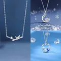 Elegant minimalist silver bamboo and crescent moon necklace with sparkling crystal pendant - Bountiful Bamboo, Snowflake & Inseparable