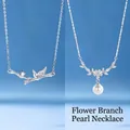 Elegant silver bamboo branch necklace with crystals and floral pearl pendant for women - Bamboo and Floral Pearl Set