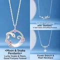 Elegant silver necklace collection with moon snake pendant and floral pearl jewelry styles - Moon Snake Bamboo and Floral Pearl Set