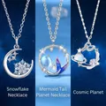 Elegant silver celestial necklaces featuring moon, snowflake, and cosmic planet motifs - Snowflake, Inseparable & Cosmic Planets