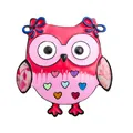Levendige roze en rode emaille uil broche met kleurrijke hartjes en blauwe strikjes - Stijl 10