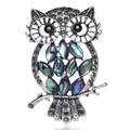 Vintage zilverkleurige uil broche met kleurrijke parelmoer inleg en zwarte steentjes - Stijl 13