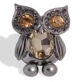 Prachtige vintage uil broche in gunmetal grijs met amberkleurige kristallen en parels - Stijl 18