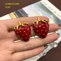 Detailed vintage red enamel strawberry brooch accessory with gold seeds and leaves - Strawberry Studs