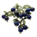 Vintage berry brooch with deep blue beads and green metal leaves for women's fashion - Blue