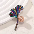 Elegante spilla a foglia di ginkgo colorata con perla color pesca e cristalli lucidi - Stile Foglia di Ginkgo e Perla (AL810142760937)