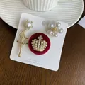 Vintage elegant pearl brooch set featuring ballet girl, crown, and flower designs - Red Crown Brooch 3-Piece Set