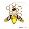 Detailed colorful bee brooch with golden honeycomb background and yellow crystal - Pearl Honeycomb Bee Brooch (C500-A)