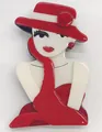 Retro acrylic lady brooch wearing a red hat and dress, chic fashion accessory for women - Red Dress Girl Style (R5-2-7819)