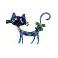 Detailed close-up of a colorful enamel cat brooch with blue heart patterns and a green bow. - Blue Heart and Bow Cat Style