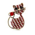 Schattige vintage kattenbroche met rode en witte strass-steentjes op goudkleurig metaal - Stijl 3 (Retro Rood/Wit/Zwart Strass Kat)