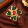 Vintage gold cross brooch with red and green enamel gemstones in a royal court style - Red Green Glass Cross Star Style (7)