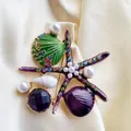 Vintage enamel starfish and seashell brooch with colorful rhinestones for women - Purple Starfish Shell Ocean Style (12)