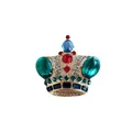 Detailed view of a vintage royal crown brooch featuring colorful gems and rhinestones - Green