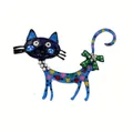 Levendige blauwe cartoon kat emaille broche met kleurrijke hartjes en groene strik - Stijl 6 (Blauwe hart patroon kat met groene strik)
