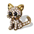 Elegante gouden kattenbroche versierd met fonkelende strass-steentjes en zwarte ogen - Stijl 7 (Goud volledig strass kat)