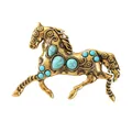 Vintage gouden paardenbroche met turquoise stenen en bloemgravures - Retro Turquoise Paard (S2-5-8502)