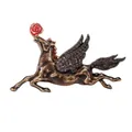 Vintage bronzen Pegasus speld met een rode roos en donkerbruine strass steentjes - S3-1-8531