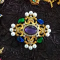 Detailed view of a vintage baroque brooch with purple gem, colorful stones and pearls - Purple Gem Baroque (04)