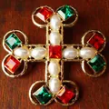 Close-up of vintage palace style cross brooch with red green crystals and pearls. - Cross Style (5x5cm)