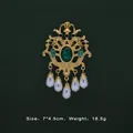 Vintage Baroque gold brooch with green gemstone and teardrop pearls, 7x4.5cm - Green Gemstone Teardrop Pearl Style (5089421201395)