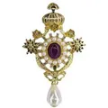 Spilla a corona in stile barocco vintage con gemma viola e nappa di perla a goccia - Viola