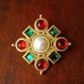 Detailed macro shot of vintage court style brooch with pearl and colorful gems on wood - Style H Cross Symmetrical (3.6x3.6cm)