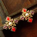 Detailed macro view of an ornate vintage cross brooch featuring colorful gems and pearls - Earring 4 (1.8x1.8cm)