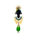 Vintage exotic chieftain wife brooch pin with green crystal teardrop, pearls and rhinestones - 6.5cm x 2.2cm / Chief Lady Black