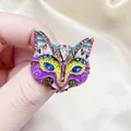Vintage enamel fox mask brooch with colorful rhinestones in retro style - Purple
