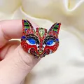 Vintage colorful enamel fox mask brooch with sparkling rhinestones and gold-tone finish - Red