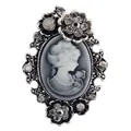 Spilla cammeo vintage color argento con ritratto di donna e cristalli grigi brillanti - Argento Antico