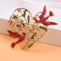 Vintage heart-shaped brooch with red birds, green holly leaves and rhinestones - Heart & Birds Shape (O5-1-5373)
