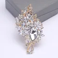 Elegant large floral brooch featuring sparkling clear crystals in a gold-plated setting for women - Gold Base White