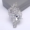 Large elegant crystal brooch with floral design and pear-shaped rhinestone for women - Silver Base White