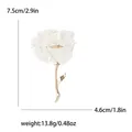 Elegant large white flower brooch with gold stem showing detailed size and weight specs - White