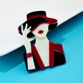 Detailed view of the glossy acrylic elegant girl brooch with red and black accents - Red Black White Patchwork (Q6-2-7272)