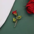 Elegant red rose flower brooch for women featuring green enamel leaves and gold stem - Classic Red Rose
