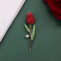 Elegant floral brooch featuring a red crystal tulip design with green leaves and a pearl accent - Red Rhinestone Rose with Artificial Pearl