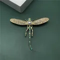 Vintage elegant baroque gold dragonfly brooch pin with white pearl and green crystals - Colorful Rhinestone Dragonfly Style