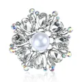Elegant flower crystal brooch with large white pearl center and clear teardrop rhinestones. - Waterdrop Clear Crystal Pearl Style