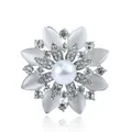 Elegant flower brooch with central pearl and sparkling crystals for suits - Grey Cat Eye Stone Pearl Style